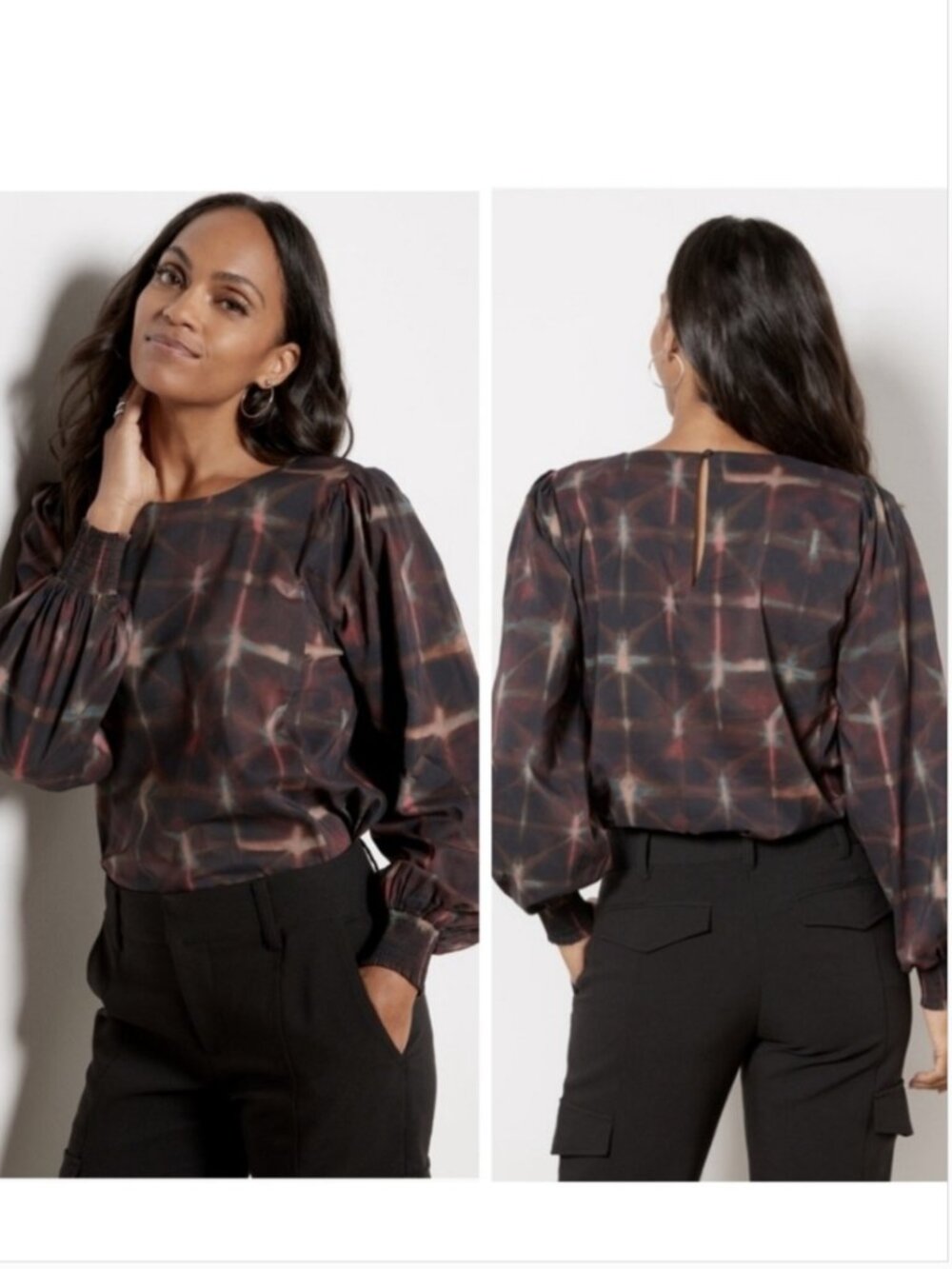 EVEREVE Hazel Blouse Black Multi – Women's Size L | Puff Sleeve Printed Top